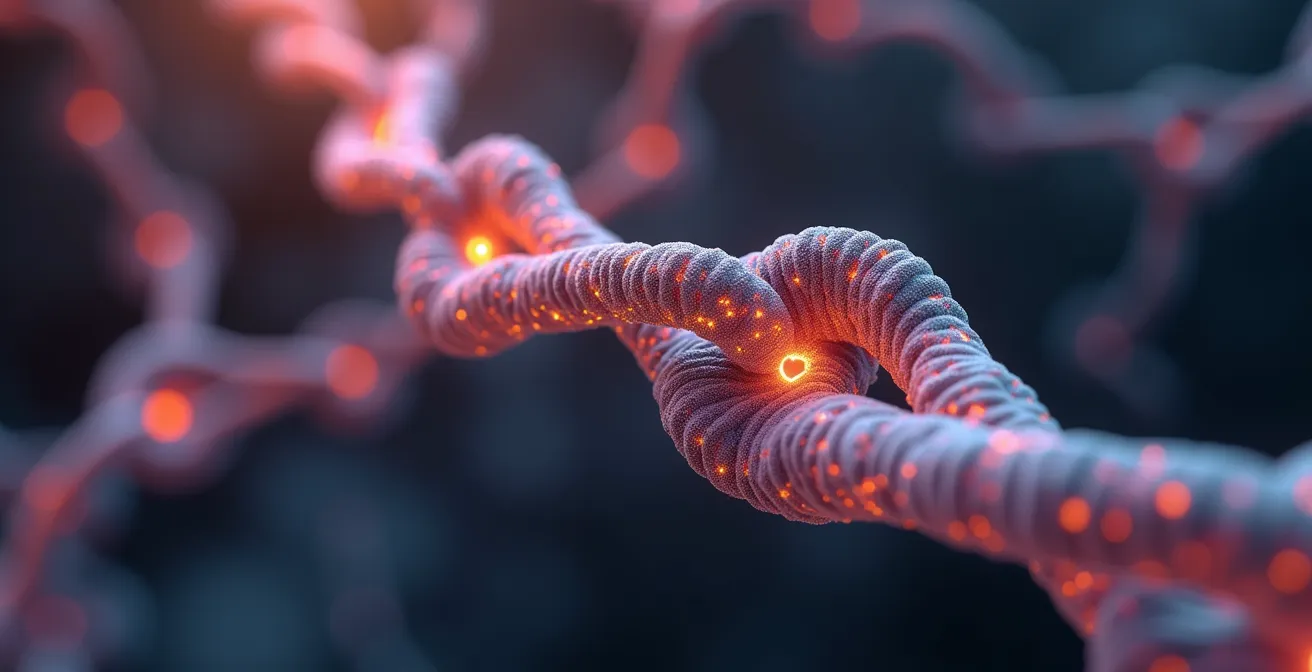 Représentation microscopique des liaisons croisées formées par l'enzyme lysyl oxydase entre les fibres de collagène stabilisées par le cuivre